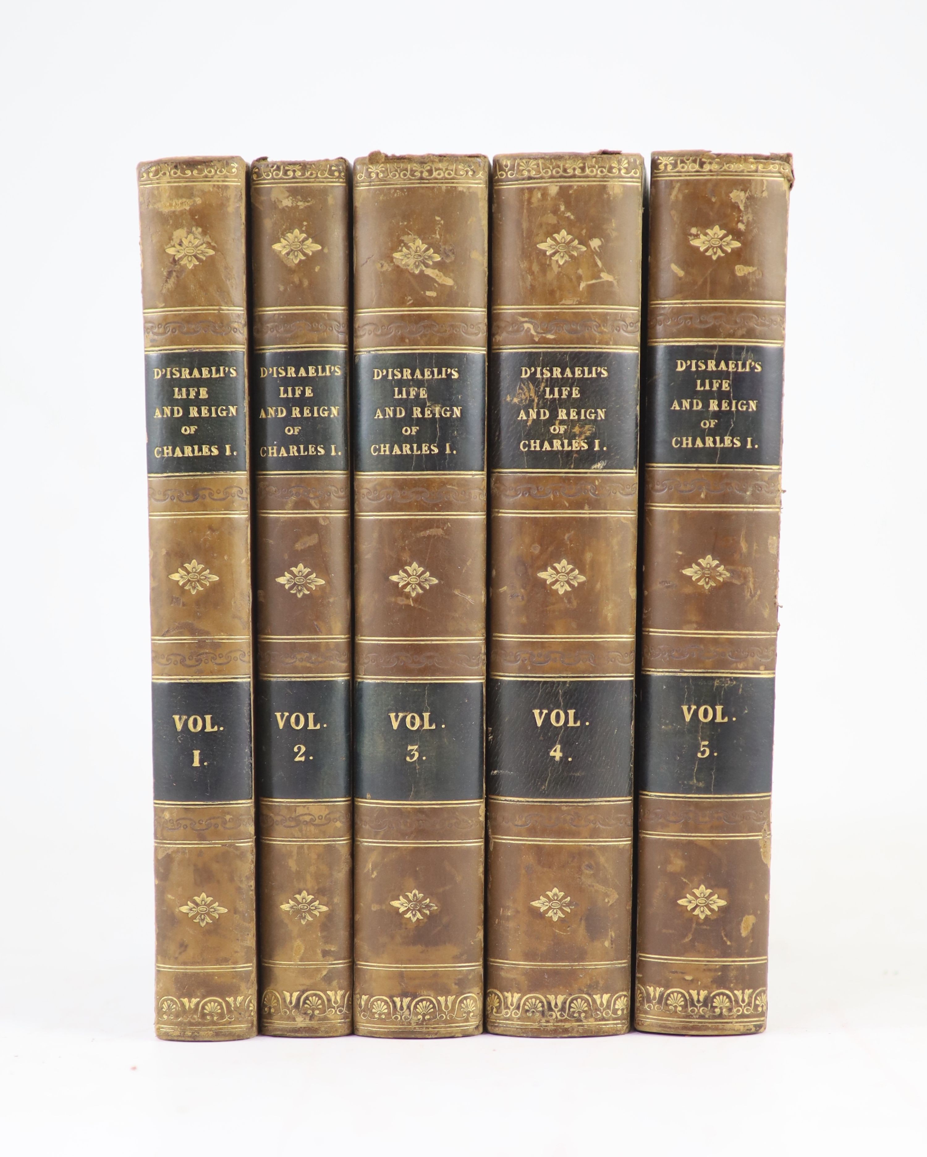 D’Israeli, I [Isaac] - Commentaries of the Life and Reign of Charles the First, King of England. 5 Vols. Half morocco and marbled paper. Gilt decorated spine with two morocco labels. Sprinkled edges. Henry Colburn, Londo